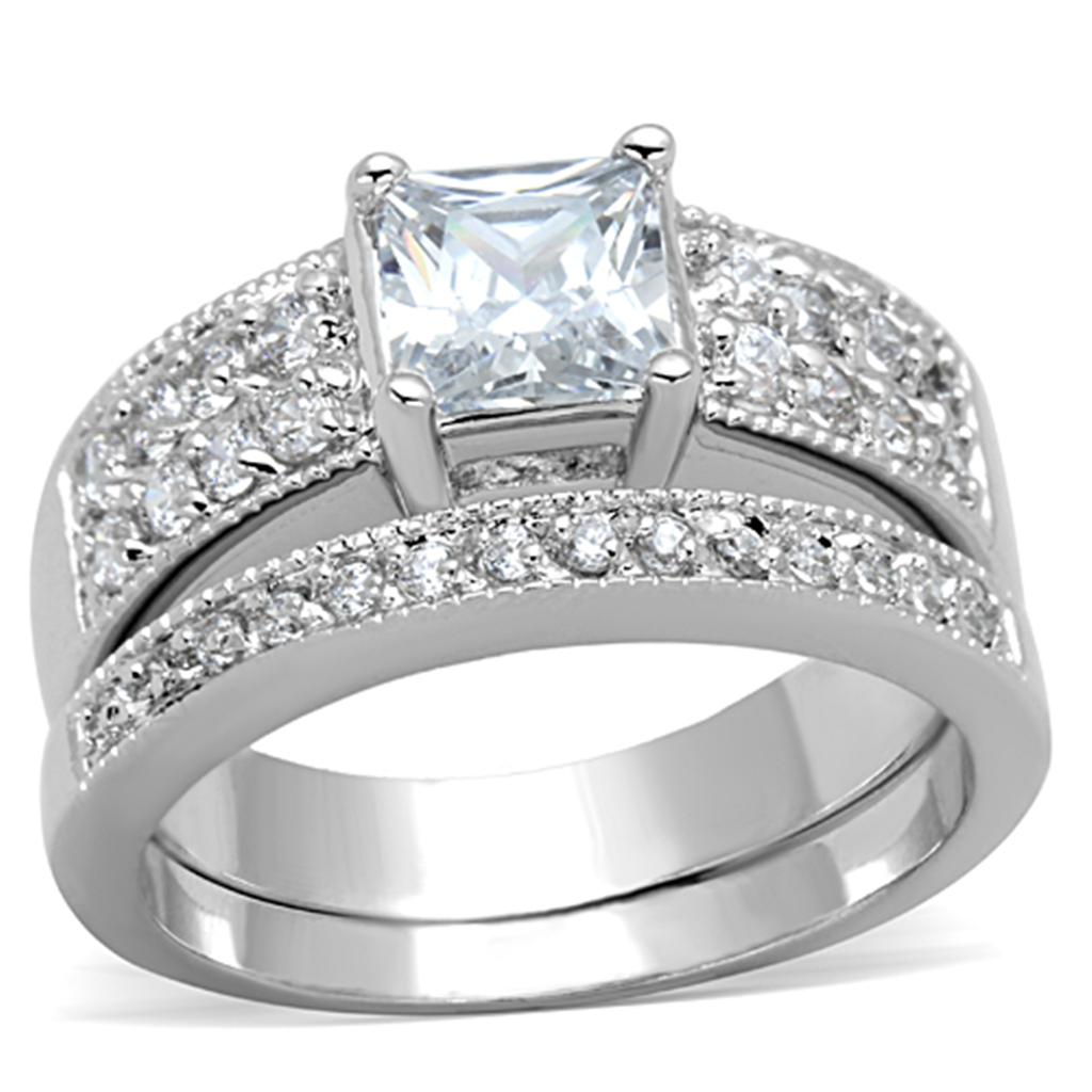 JCE817 Rhodium Brass Ring with AAA Grade CZ  in Clear