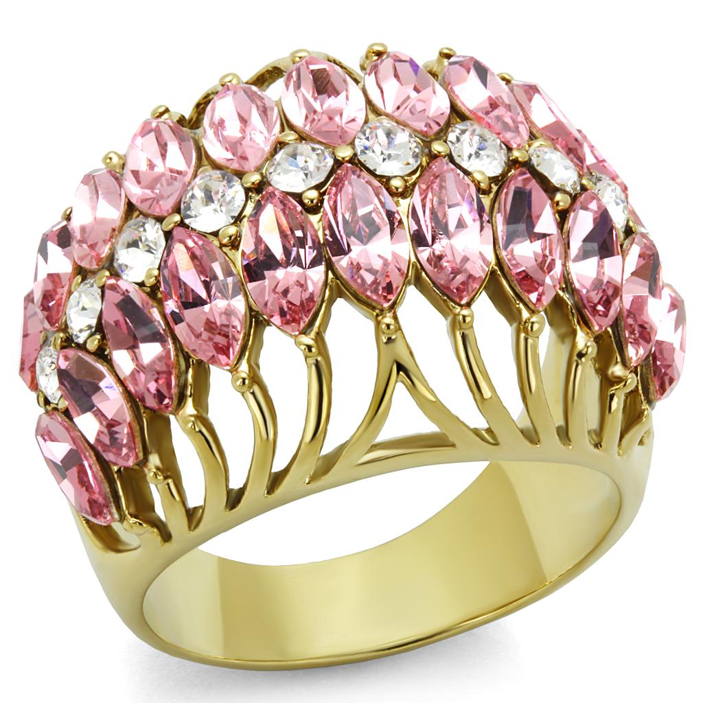 JCE4108 IP Gold(Ion Plating) Brass Ring with Top Grade Crystal  in Rose
