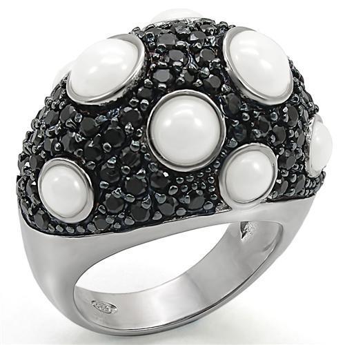 JCES376 Rhodium + Ruthenium 925 Sterling Silver Ring with Milky CZ  in White