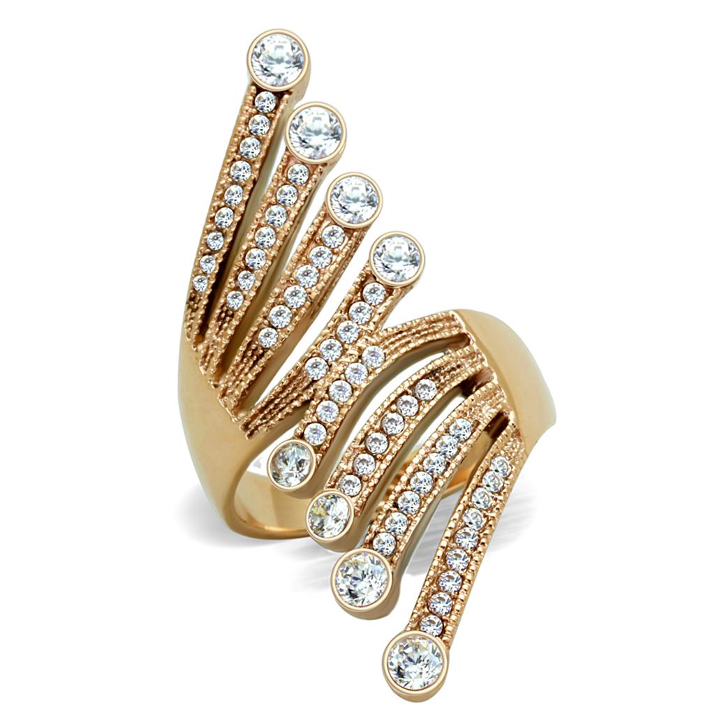 JCE1631 IP Rose Gold(Ion Plating) Stainless Steel Ring with AAA Grade CZ  in Clear