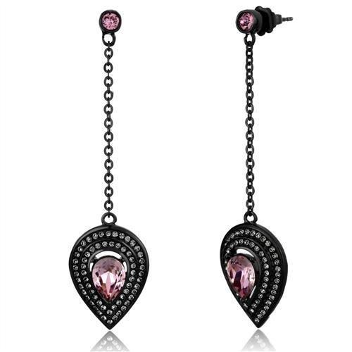JCE2380 IP Black(Ion Plating) Stainless Steel Earrings with Top Grade Crystal  in Light Rose